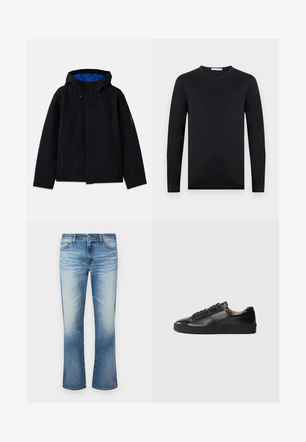 Sort hættetrøje med blåt indre, der har to sidelommer med lynlås, lige pasform og snorejusteringer på hætten.; Sort langærmet T-shirt med rund hals og slank pasform, lavet af glat stof, vist mod en ensartet lys baggrund.; Herre jeans i blått med falmet rett ben, knaplukning og design med fem lommer på hvid baggrund.; Sorte lædersneakers med en glat overflade, rund tå og snørebåndslukning. Har en tyk gummisål og minimal branddetalje.