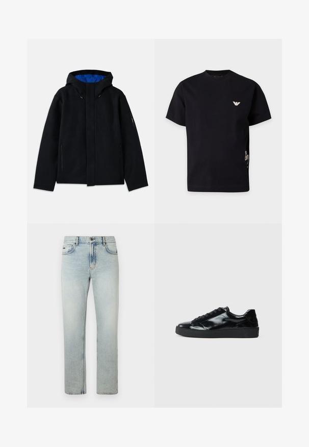 Sort hættetrøje med blåt indre, der har to sidelommer med lynlås, lige pasform og snorejusteringer på hætten.; Sort T-shirt med korte ærmer med et lille hvidt logo på venstre bryst og delvis hvid skriftdetalje på højre side.; Lyseblå denimjeans med lige ben, der har fem-lomme design, knaplukning og subtile falmede detaljer.; Sorte laklæder sneakers med rund tå, snørredesign, tekstureret gummisål og en glat overflade.
