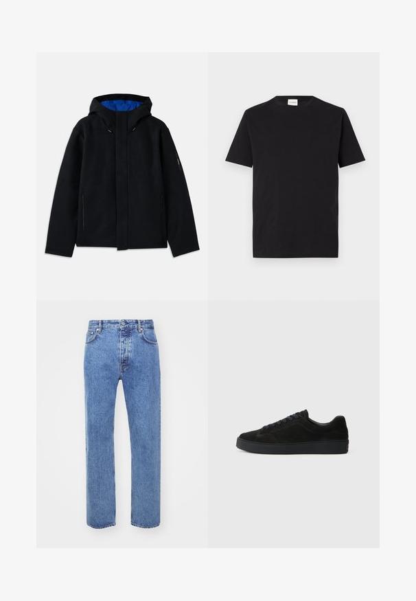 Sort hættetrøje med blåt indre, der har to sidelommer med lynlås, lige pasform og snorejusteringer på hætten.; Sort bomulds T-shirt med rund hals og korte ærmer. Har et lige snit og et minimalistisk design, med et mærke synligt ved kraven.; Won Hundred STEVE - Jeans Relaxed Fit - cut blue; Sort semsket sneakers med en flad, tekstureret sål, rund tå, seks snørrehuller og et minimalistisk design.