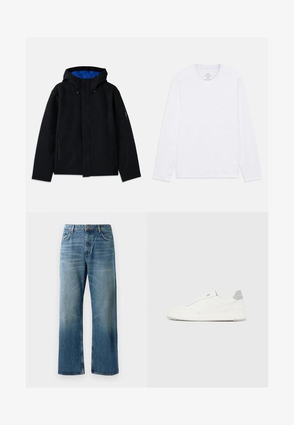 Veste à capuche noire avec un intérieur bleu, dotée de deux poches zippées sur les côtés, d'une coupe droite et de réglages par cordon sur la capuche.; T-shirt à manches longues blanche avec un col rond, portant le logo Armani Exchange imprimé à l'intérieur de l'encolure, taille médium.; Jeans oversize bleu clair avec un délavage, featuring une fermeture à un bouton, cinq poches et des coutures contrastées.; Baskets basses blanches avec un onglet de talon gris, des lacets blancs et une semelle texturée, présentées sur un fond uni clair.