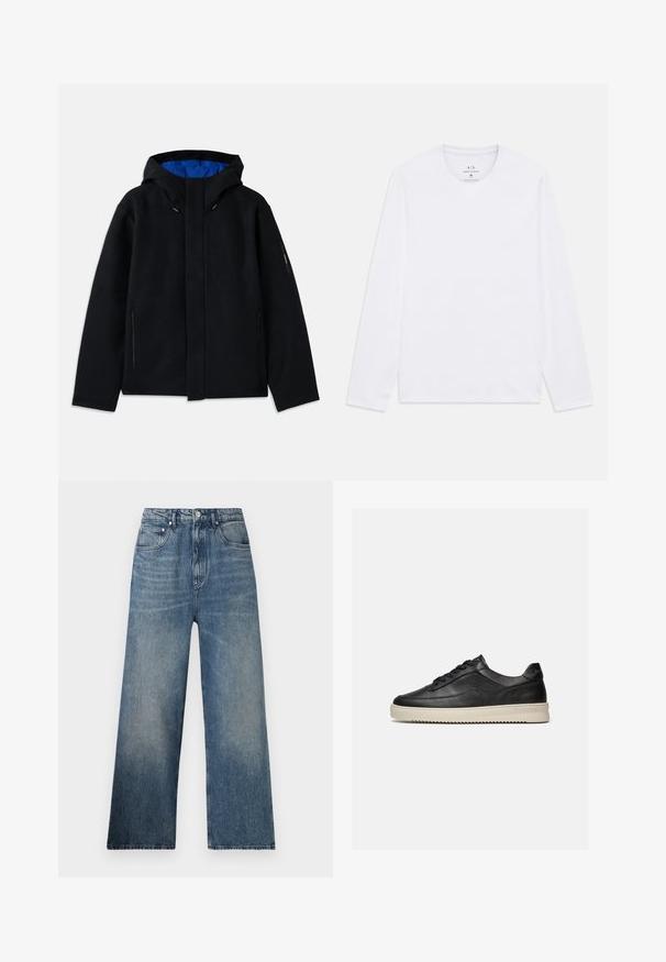 Sort hættetrøje med blåt indre, der har to sidelommer med lynlås, lige pasform og snorejusteringer på hætten.; Hvid langærmet T-shirt med rund hals og Armani Exchange-logo trykt inde i halsudskæringen, størrelse medium.; Blå denim bredbenede jeans med høj talje, subtilt slid, fem lommer og metalknaplukning foran.; Sort lavtop lædersneaker med sorte snørebånd og en tyk off-white gummisål, vist på en hvid baggrund.
