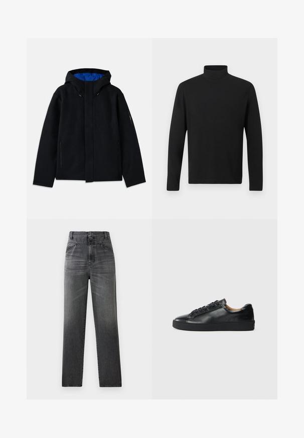 Sort hættetrøje med blåt indre, der har to sidelommer med lynlås, lige pasform og snorejusteringer på hætten.; Sort turtleneck skjorte lavet af glat stof. Har lange ærmer og en høj krave. Enkel design uden yderligere mønstre eller accenter.; Mørkegrå denimjeans med høj talje, lige ben-design og en falmet tekstur med frontlommer og en enkelt knaplukning.; Sorte lædersneakers med en glat overflade, rund tå og snørebåndslukning. Har en tyk gummisål og minimal branddetalje.