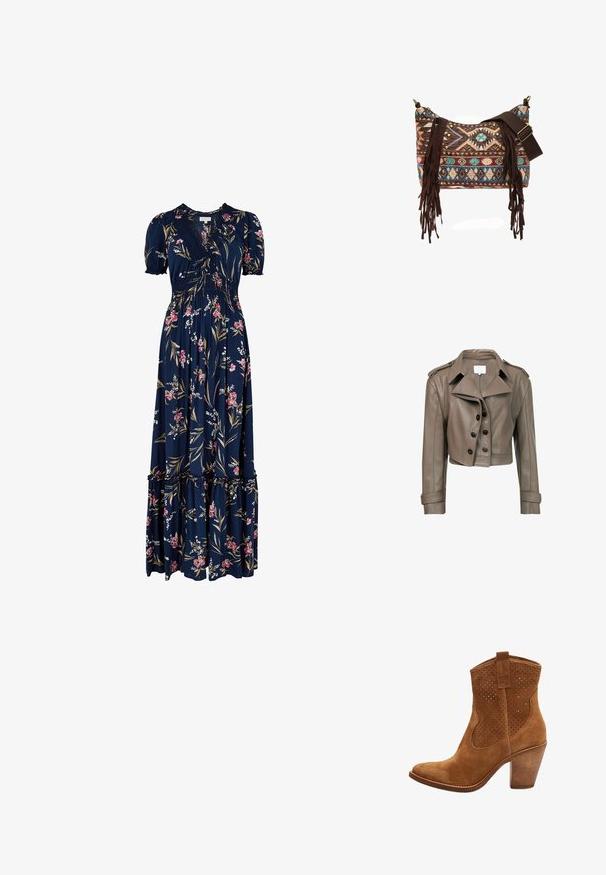 Chaqueta de cuero marrón recortada con un amplio cuello, mangas largas, cierre de botones y dos hombreras. Textura suave con un ajuste entallado.; Vestido maxi floral en azul marino, confeccionado en tejido ligero, con un dobladillo con volantes, mangas cortas abullonadas y un escote en V con un corpiño ajustado.; Botín de ante marrón de altura media con parte superior perforada, punta redondeada, lazo para tirar y tacón bloque resistente.; Bolso de hombro con correa marrón ajustable, patrón tejido geométrico multicolor, tachuelas de latón y flecos largos de cuero marrón en los laterales.