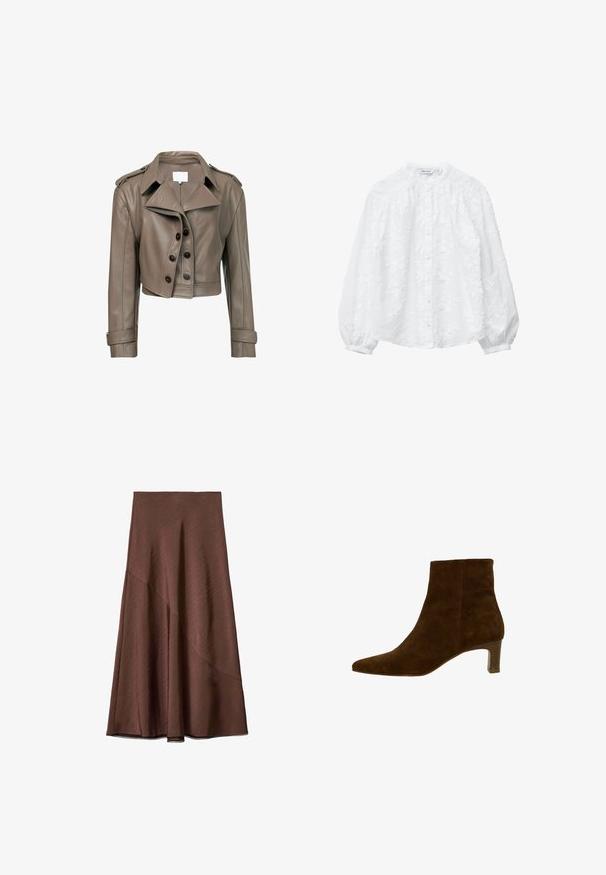 Korte bruine leren jas met een brede kraag, lange mouwen, knoopsluiting en twee schouderepauletten. Glad textuur met een getailleerde pasvorm.; Witte blouse met bloemenborduursel, knoopsluiting, hoge hals en pofmouwen. Gemaakt van gestructureerde stof met een zachte, lichte textuur.; Bruine midi-rok met asymmetrische naad, lichte A-lijnvorm en gestructureerde stof.; Bruine suede enkellaars met een spitse neus en een middelhoge hak. Beschikt over een gladde textuur en een gestroomlijnd silhouet.