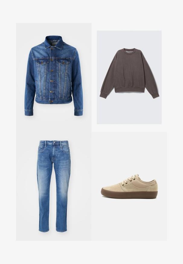 Blå denimjakke med knaplukning foran, to brystlommer og klassisk krave. Stoffet har en let falmet tekstur.; Grå sweatshirt med rund halsudskæring, sænkede skuldre og ribbet manchetter. Lavet af blødt materiale, med en afslappet pasform og diskret syning.; Lys blå denim jeans med lige ben, fem-lomme design, subtil falmning, og en standart talje med knaplukning.; Beige lavtopsneaker med overdel i ruskind og stof, brun gummisål og beige snørebånd.