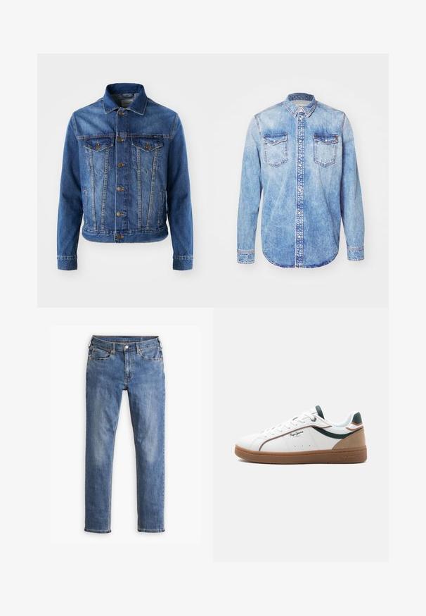 Blaue Jeansjacke mit Knopfverschluss, zwei Brusttaschen und klassischem Kragen. Der Stoff hat eine leicht ausgewaschene Textur.; Hellblaues Denimhemd mit langen Ärmeln, Button-Down-Kragen, zwei Brusttaschen und kontrastierenden Nähten. Abgerundeter Saum und klassische Passform.; Blaue Slim-Fit-Denimjeans mit fünf Taschen und Knopfschluss, mit leichter Ausbleichung an Oberschenkeln und Knien, auf weißem Hintergrund präsentiert.; Weißer Sneaker mit niedriger Schafthöhe, brauner Sohle, grünen und beigen Akzenten, weißen Schnürsenkeln und dem Logo "Pepe Jeans London" an der Seite.