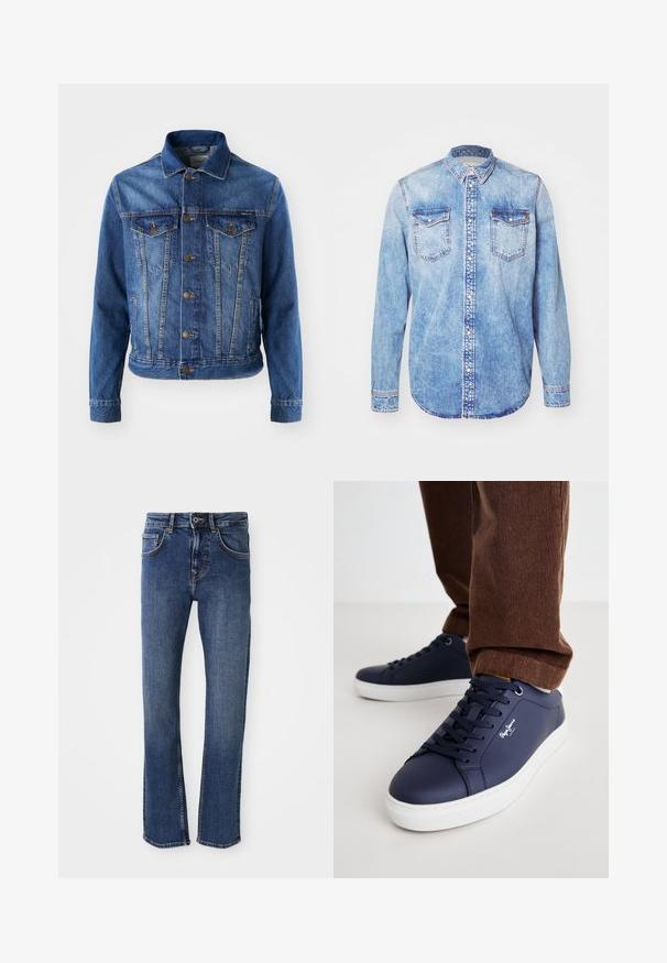 Blauwe denimjas met een knoopsluiting aan de voorkant, twee borstzakken en een klassieke kraag. De stof heeft een licht vervaagde structuur.; Lichtblauw denim shirt met lange mouwen, button-down kraag, twee borstzakken en contrasterende stiksels. Afgeronde zoom en klassieke pasvorm.; Lichtblauwe denim jeans met een rechtzaad ontwerp, vijf-pocketstijl en metalen knoopsluiting. Bevat subtiele stiksels en een gladde textuur.; Marine leren sneakers met een witte rubberen zool, ronde neus en een minimalistisch ontwerp. Heeft een vetersluiting aan de voorkant en subtiele branding aan de zijkant.