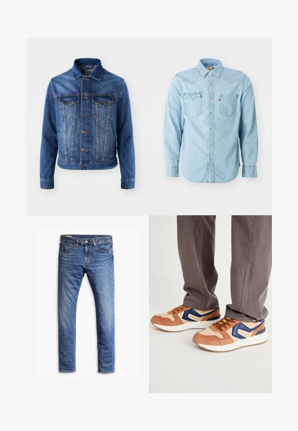Chaqueta de mezclilla azul con cierre de botones en la parte delantera, dos bolsillos en el pecho y un cuello clásico. La tela tiene una textura ligeramente descolorida.; Camisa de denim azul clara de manga larga con cuello puntiagudo, dos bolsillos en el pecho, botones de presión plateados y costuras en contraste. Textura suave.; Vaqueros ajustados de mezclilla azul con una textura suave, cinco bolsillos, cierre de botón metálico y dobladillo sin costuras. Ligeramente desgastados sin patrones visibles.; Zapatillas con una mezcla de ante beige y material sintético crema, con un acento azul y suela texturizada; cordones marrones; combinadas con pantalones a rayas grises.