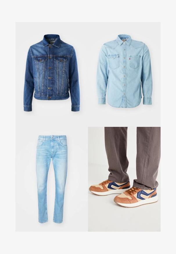Chaqueta de mezclilla azul con cierre de botones en la parte delantera, dos bolsillos en el pecho y un cuello clásico. La tela tiene una textura ligeramente descolorida.; Camisa de denim azul clara de manga larga con cuello puntiagudo, dos bolsillos en el pecho, botones de presión plateados y costuras en contraste. Textura suave.; Vaqueros de denim azul claro con corte recto, con dos bolsillos frontales y cierre de botón. Apariencia deslavada con textura sutil.; Zapatillas con una mezcla de ante beige y material sintético crema, con un acento azul y suela texturizada; cordones marrones; combinadas con pantalones a rayas grises.