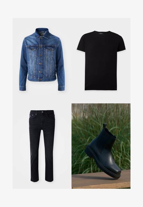 Blå denimjakke med knaplukning foran, to brystlommer og klassisk krave. Stoffet har en let falmet tekstur.; Simpel sort t-shirt med korte ærmer og rund hals, lagt fladt ud med et lille Replay-mærke inde i kraven.; Sorte denimjeans med lige ben-design, der har fem lommer, lynlås og metalhardware, samt en glat overflade.; Sorte læder Chelsea støvler med elastiske sider, rund tå, lav hæl og en strop bagpå, mod en sløret grøn baggrund.
