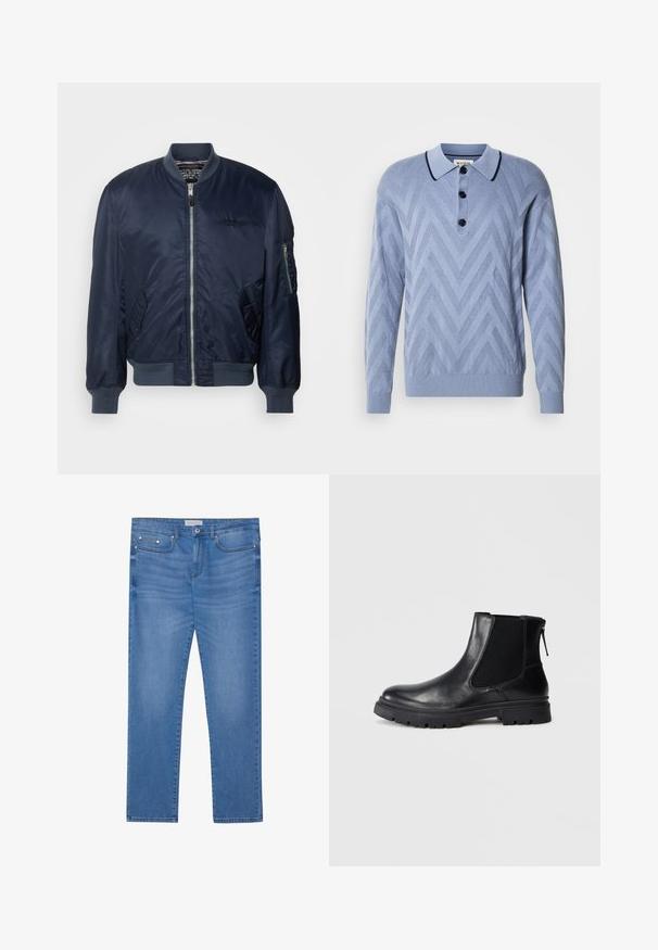 Marineblauwe bomberjack van glad nylon, met een rits aan de voorkant, zijzakken, ribgebreide manchetten en een mouwvak met een rits.; Lichtblauwe gebreide polo met een chevronpatroon, drie zwarte knopen en een contrasterende marineblauwe kraag. Lange mouwen en geribde manchetten.; Lichtblauwe spijkerbroek met een rechte pijp, vijf zakken, subtiele vervaging en metalen accenten op de taille en zakken.; Zwarte leren enkelboot met een gladde afwerking, elastische mesh zijkanten en een robuuste zool met een zichtbaar profiel.