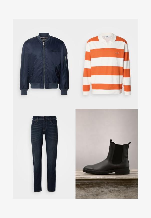 Marineblauwe bomberjack van glad nylon, met een rits aan de voorkant, zijzakken, ribgebreide manchetten en een mouwvak met een rits.; Gestreept poloshirt met lange mouwen in oranje en wit, met een zachte textuur, klassieke kraag en geborduurd merkembleem op de borst.; Donkerblauwe denim jeans met een rechte snit, voorzien van een knoopsluiting, vijfzakkenontwerp en subtiele vervaging op de dijen.; Zwarte rubberen Chelsea-boot met een gladde afwerking, elastische zijpanelen en trekbanden, met een lage hak en stevige zool.