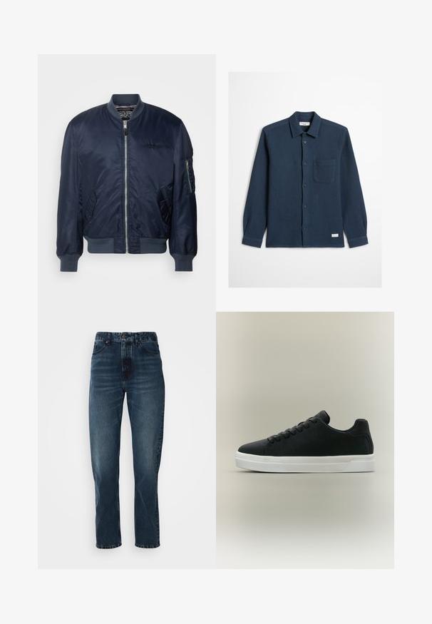 Marineblauwe bomberjack van glad nylon, met een rits aan de voorkant, zijzakken, ribgebreide manchetten en een mouwvak met een rits.; Marineblauw overhemd met knopen, textuur in wafelstof, lange mouwen, een enkele borstzak en een label aan de onderzoom.; Donkerblauwe recht gesneden jeans met een sluiting met knoop en rits aan de voorkant, vijf-pocket ontwerp en subtiele vervaging op de dijen en knieën.; Zwarte lage sneaker met zwarte veters en een dikke witte rubberen zool, zijaanzicht op een neutrale achtergrond.