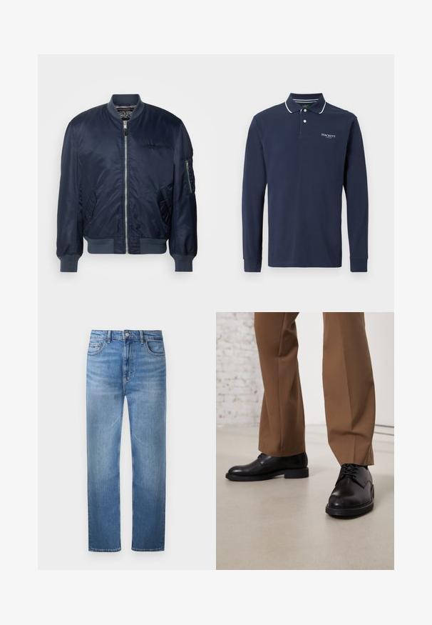 Cazadora bomber azul marino hecha de nylon suave, con cierre delantero, bolsillos laterales, puños de canalé y un bolsillo en la manga con cremallera.; Camisa polo de manga larga en color navy, hecha de algodón, con un collar clásico, tapeta de dos botones y ribete blanco. Logotipo bordado en el pecho.; Vaqueros de mezclilla azul claro con pierna recta, cinco bolsillos y cierre de botones, mostrados planos sobre un fondo blanco.; Zapatos de cuero negro con superficie lisa y puntera redonda, que presentan cierre con cordones y una suela baja y plana. Combinados con pantalones marrones.