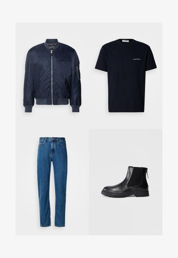 Marineblaue Bomberjacke aus glattem Nylon, mit einem Reißverschluss vorne, Seitentaschen, gerippten Bündchen und einer Ärmeltasche mit Reißverschluss.; Marineblaues Baumwoll-T-Shirt mit kurzen Ärmeln und Rundhalsausschnitt, mit einem kleinen weißen gestickten Logo auf der linken Brustseite.; Blaue gerade geschnittene Jeans aus Denim mit fünf Taschen und vorderem Knopfverschluss vor einem weißen Hintergrund.; Schwarze Leder-Ankle-Boots mit einer glatten Oberfläche, elastischen Mesh-Seitenteilen und einer robusten Sohle mit sichtbarem Profil.