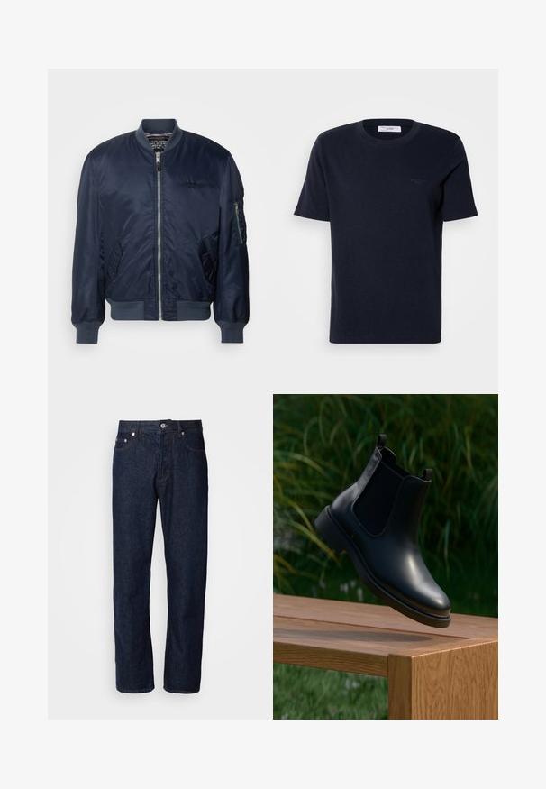 Mørkeblå bomberjakke lavet af glat nylon, med lynlås foran, sidelommer, ribbede manchetter og en ærmelomme med lynlås.; Mørkeblå bomuld t-shirt med korte ærmer, rund halsudskæring og lille logo detalje på brystet. Glat tekstur, klassisk pasform.; Mørkeblå denimjeans med lige ben, der har fem lommer, knaplukning og diskrete syninger.; Sort læder ankelstøvle med elastiske sidepaneler, der svæver over en træbænk, med grønne planter i baggrunden.
