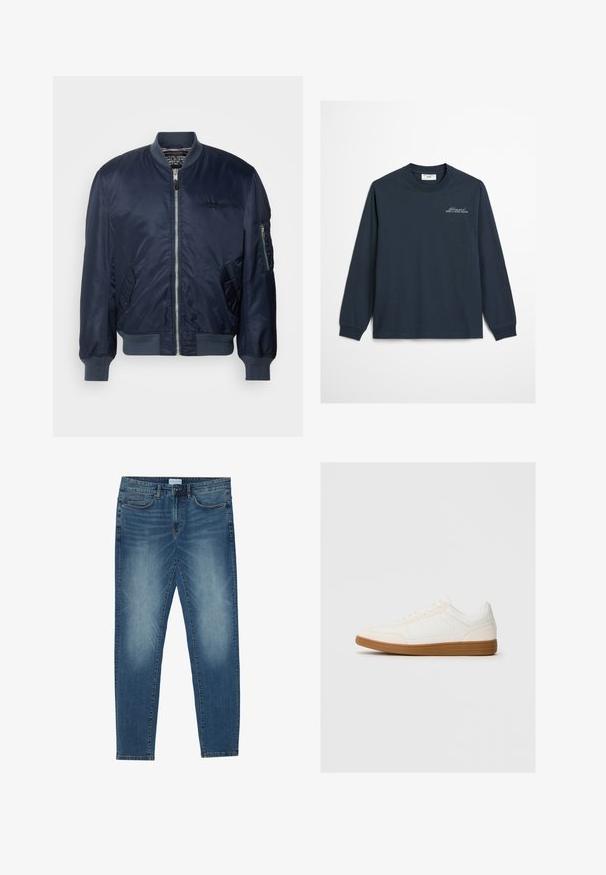 Marineblaue Bomberjacke aus glattem Nylon, mit einem Reißverschluss vorne, Seitentaschen, gerippten Bündchen und einer Ärmeltasche mit Reißverschluss.; Marineblaues Langarm-T-Shirt aus weichem Baumwollmaterial mit Rundhalsausschnitt. Mit gesticktem Logo-Text auf der Brust und gerippten Bündchen.; Jeans aus Denim in mittlerem Blau mit einer verblassten Waschung, Fünf-Taschen-Design, geradem Bein und gestickten Akzenten. Mit Knopf- und Reißverschluss.; Weißer Sneaker mit einer Wildleder-Zehenkappe, glattem Synthetik-Obermaterial und einer sandfarbenen Gummisohle. Verfügt über Perforationen an den Seiten für Atmungsaktivität.