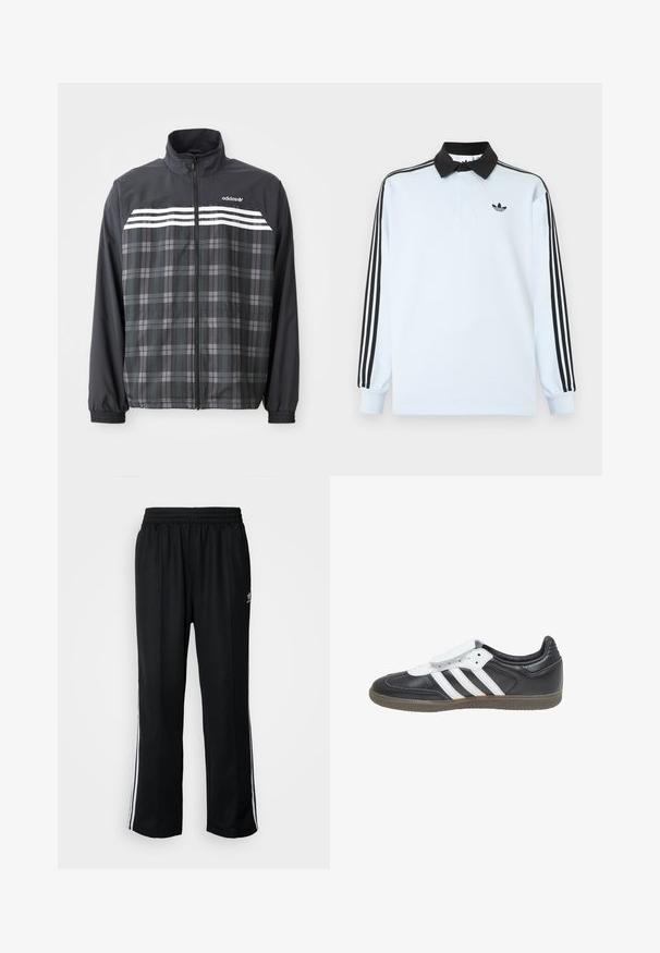 Sort og grå ternet jakke med lynlås, med hvide Adidas-striber og logo på brystet, elastiske manchetter og en opretstående krave.; Lyseblå langærmet poloshirt med sort krave, tre sorte striber på ærmerne og et lille sort logo på brystet.; Sorte træningsbukser med elastisk talje, der har hvide sidestænger og et lille logo. Materialet ser blødt og let ud.; adidas Originals SAMBA LT - Sneakers - core black footwear white gum