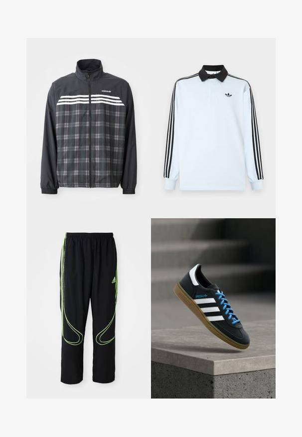 Mustast ja hallist ruuduline lukuga jakk, valgete Adidas triipude ja logoga rinnal, elastsete varrukaservade ja püsti oleva kraega.; Hele sinine pikkade varrukatega polo-särk, musta krae, käistel kolm musta triipu ja rinnal väike must logo.; Mustad mustad Adidas spordipüksid, millel on neoonrohelised kumerad jooned ja kolm triipu külgedel, elastne vöökoht ja Adidas logo ees reie peal.; Must Adidas toss valgete triibu, siniste paelte ja kummist tallaga, hõljuv pehme valgusega halli betoonastme kohal.