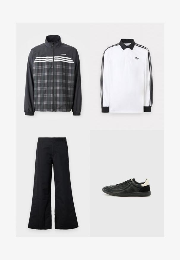 Chaqueta con cremallera de cuadros negros y grises con rayas blancas de Adidas y logo en el pecho, puños elásticos y cuello alto.; Polo blanco de manga larga con cuello negro, puños negros, diseño de tres rayas negras en las mangas y logo negro de Adidas en el pecho.; Pantalones de pierna ancha negros, hechos de un tejido suave, con pliegues frontales y una cinturilla. Diseño limpio sin patrones ni acentos visibles.; ALDO THEPITCH - Zapatillas - black