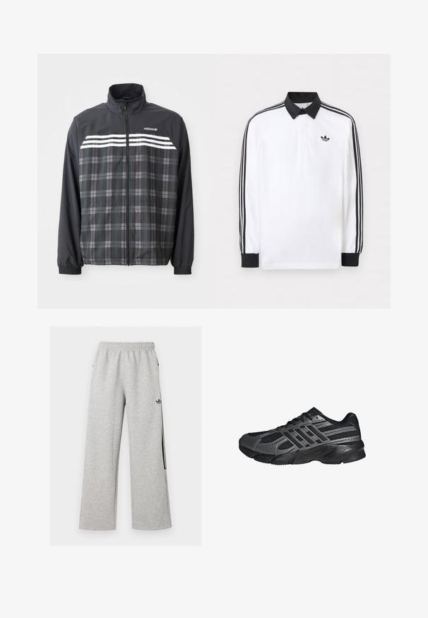 Sort og grå ternet jakke med lynlås, med hvide Adidas-striber og logo på brystet, elastiske manchetter og en opretstående krave.; Hvid langærmet polo med sort krave, sorte manchetter, sort tre-stribet design på ærmerne og sort Adidas-logo på brystet.; Lysegrå vidtløftede joggingbukser med elastisk talje og sort Adidas trefoil-logo på højre lår.; Sorte træningssko lavet af mesh og syntetiske materialer, med en tekstureret overflade, flere grå striber og en polstret krave.