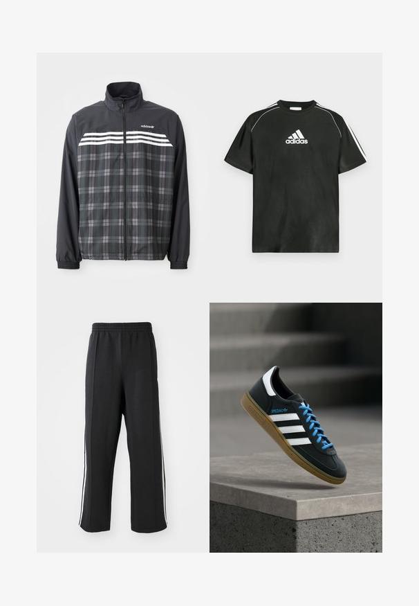 Sort og grå ternet jakke med lynlås, med hvide Adidas-striber og logo på brystet, elastiske manchetter og en opretstående krave.; Sort T-shirt med korte ærmer, hvide Adidas-logo på brystet og hvide striber på skuldrene. Fremstillet af glat stof, afslappet pasform.; Sorte sweatpants med elastisk talje, der har hvide sidelister og en afslappet pasform. Lavet af blødt, strækbart stof.; Sort Adidas sneaker med hvide striber, blå snørebånd og gummisål, der svæver over gråt betontrin i blødt lys.