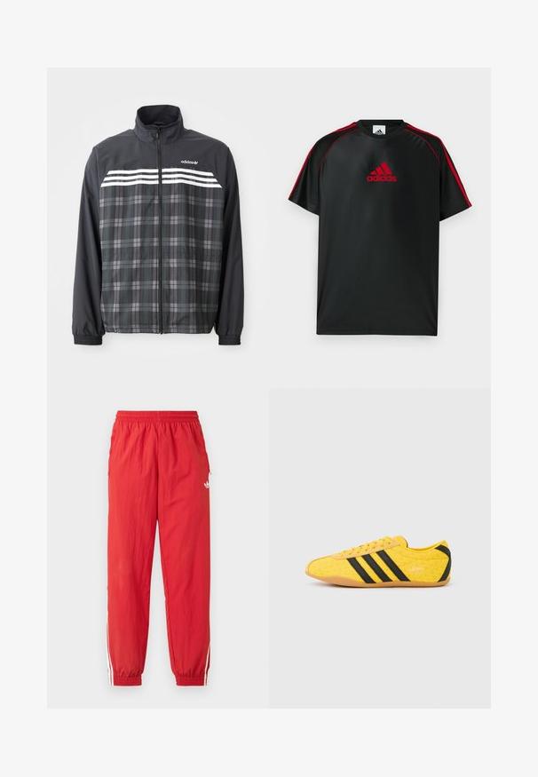 Čierno-sivá károvaná bunda na zips s bielymi pruhmi Adidas a logom na hrudi, elastickými manžetami a stojacím golierom.; Čierne atletické tričko s červenými akcentmi a logom. Vyrobené z hladkej, ľahkej látky. Má okrúhly výstrih a krátke rukávy.; Červené športové nohavice z ľahkého materiálu s elastickým pásom, bielymi bočnými pruhmi a malým logom na hornej časti stehna.; Žltá športová obuv s textúrovaným zvrškom, s čiernymi pruhmi a logom. Zaoblená špička, mäkká podrážka a vzor v tvare cik-cak na materiáli.