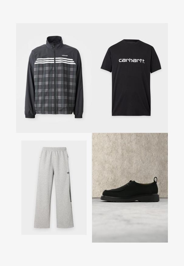 Čierno-sivá károvaná bunda na zips s bielymi pruhmi Adidas a logom na hrudi, elastickými manžetami a stojacím golierom.; Čierne tričko s krátkym rukávom s bielym logom "carhartt" v strede vpredu, zobrazené na jednofarebnom svetlosivom pozadí.; Svetlošedé široké tepláky s elastickým pásom a čiernym logom Adidas trefoil na pravom stehne.; Čierna kožená neformálna obuv s šnúrkami, hrubou podrážkou a sťahovacou slučkou, umiestnená vo vzduchu nad béžovým kobercom s hnedým zaobleným nábytkom v pozadí.