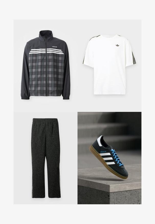 Čierno-sivá károvaná bunda na zips s bielymi pruhmi Adidas a logom na hrudi, elastickými manžetami a stojacím golierom.; Biela bavlnená tričko s krátkymi rukávmi, s čiernymi trojpruhmi na pleciach a malým čiernym logom na hrudi.; Čierne nohavice z textúrovaného flísu s elastickým pásom a rovnými nohavicami, zobrazené na bielom pozadí.; Čierna teniska Adidas s bielymi pruhmi, modrými šnúrkami a gumovou podrážkou, ktorá sa vznáša nad sivým betónovým schodom v mäkkom svetle.