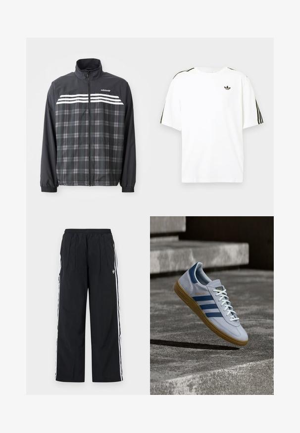 Sort og grå ternet jakke med lynlås, med hvide Adidas-striber og logo på brystet, elastiske manchetter og en opretstående krave.; Hvid bomuld t-shirt med korte ærmer, prydet med sorte tre-stribede detaljer på skuldrene og et lille sort logo på brystet.; Sorte bukser med vide ben og hvide striber på siden, elastisk talje, forreste læg og Adidas-logo på højre lår.; Lyseblå Adidas Spezial sneakers med marineblå striber og gummisål, vist i luften over betontrapper i et neutralt udendørsmiljø.