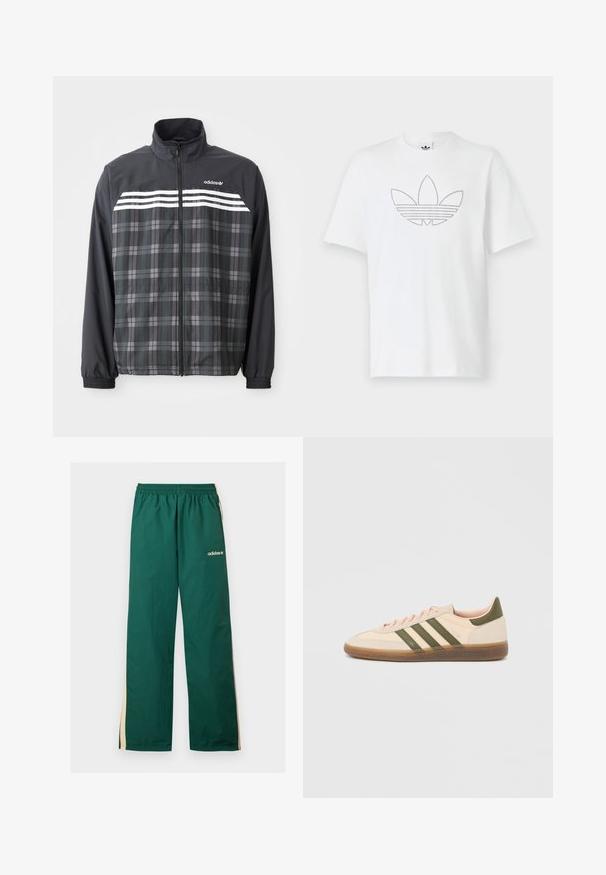 Chaqueta con cremallera de cuadros negros y grises con rayas blancas de Adidas y logo en el pecho, puños elásticos y cuello alto.; Camiseta de algodón blanca que presenta un contorno negro punteado de un logo de trébol en la parte frontal. Mangas cortas y cuello redondo.; Pantalones de chándal verdes Adidas con rayas laterales beige, cintura elástica y logo blanco de Adidas en la parte superior de la pierna izquierda.; Zapatilla Adidas Spezial beige de perfil bajo con rayas verdes, suela de goma y la marca "SPEZIAL" en el lateral, vista desde el lado exterior.