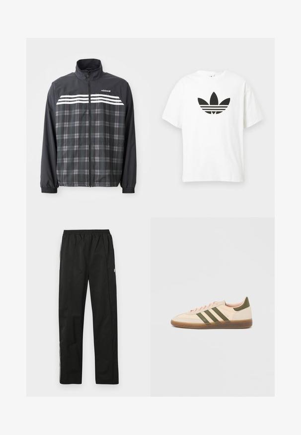 Schwarze und graue kariert Reißverschlussjacke mit weißen Adidas-Streifen und Logo auf der Brust, elastischen Bündchen und Stehkragen.; Weißes Baumwoll-T-Shirt mit großem schwarzem Adidas Trefoil-Logo und drei horizontalen Streifen darunter. Kurze Ärmel, Rundhalsausschnitt.; Schwarze Jogginghosen mit elastischem Bund, geradem Schnitt, seitlichen Reißverschlussakzenten und weißen Streifen an den Seiten. Glatte Textur.; Flacher, beigefarbener Adidas Spezial Sneaker mit grünen Streifen, Gummisohle und "SPEZIAL" Schriftzug an der Seite, von der Außenseite gezeigt.