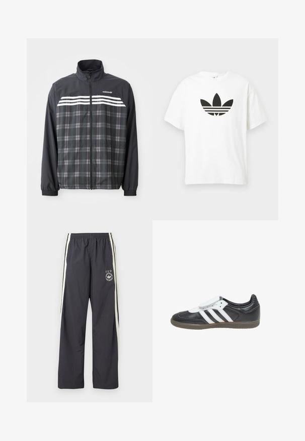 Mustast ja hallist ruuduline lukuga jakk, valgete Adidas triipude ja logoga rinnal, elastsete varrukaservade ja püsti oleva kraega.; Valge puuvillane T-särk, millel on suur must Adidas trefoil logo ja kolm horisontaalset riba all. Lühikesed varrukad, ümmargune kaelus.; Tumedat hallid spordipüksid valgete küljetriipudega, elastse vöökohaga ja vasaku reie peal ringikujuline logo kolme tähega. Kergekangas.; adidas Originals SAMBA LT - Tossud - core black footwear white gum