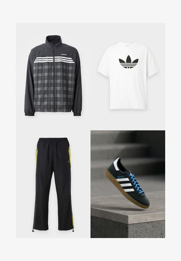 Sort og grå ternet jakke med lynlås, med hvide Adidas-striber og logo på brystet, elastiske manchetter og en opretstående krave.; Hvid bomulds t-shirt med et stort sort Adidas trefoil-logo og tre vandrette striber nedenunder. Korte ærmer, rund halsudskæring.; Sorte træningsbukser med gule sideaccenter, elastisk talje og lynlåslommer på siden. Fremstillet af let og glat stof.; Sort Adidas sneaker med hvide striber, blå snørebånd og gummisål, der svæver over gråt betontrin i blødt lys.