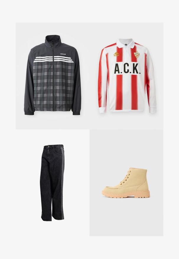 Čierno-sivá károvaná bunda na zips s bielymi pruhmi Adidas a logom na hrudi, elastickými manžetami a stojacím golierom.; Dlhý rukáv polo tričko, biele s červenými vertikálnymi pruhmi, s čiernym nápisom "A.C.K." a zlatým logom "Kappa" na ľavej hrudi.; Čierne džínsy z denimu s voľným strihom, obsahujúce bočné prúžky, klasické kovové gombíky a štandardné vrecká. Odolná tkanina s textúrovaným vzhľadom.; Bežové semišové členkové topánky s bežovou gumovou podrážkou, so šnurovací konštrukciou a viditeľným prešívaním pozdĺž okrajov.