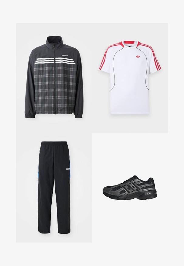 Čierno-sivá károvaná bunda na zips s bielymi pruhmi Adidas a logom na hrudi, elastickými manžetami a stojacím golierom.; Biele športové tričko s krátkym rukávom, s červenými pruhmi na ramenách a rukávoch, čiernym lemovaním vpredu a červeným logom Adidas trefoil na hrudi.; Čierne športové nohavice s elastickým pásom, s modro-bielymi grafickými akcentmi po stranách a vyšitým logom.; Čierne športové topánky vyrobené z pletiva a syntetických materiálov, s textúrovaným povrchom, viacerými šedými pruhmi a polstrovaným golierom.