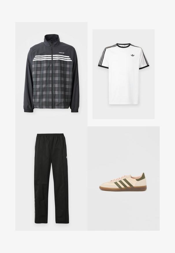 Čierno-sivá károvaná bunda na zips s bielymi pruhmi Adidas a logom na hrudi, elastickými manžetami a stojacím golierom.; Biela bavlnená tričko s čiernym žebrovaným výstrihom a rukávmi, s tromi čiernymi pruhmi na každom pleci a malým logom na hrudi.; Čierne tréningové nohavice s elastickým pásom, rovný strih, bočné zipsové detaily a biele pruhy po stranách. Hladká textúra.; Nízky béžový tenisky Adidas Spezial so zelenými pruhmi, gumovou podrážkou a nápisom „SPEZIAL“ na boku, zobrazené z vonkajšej strany.