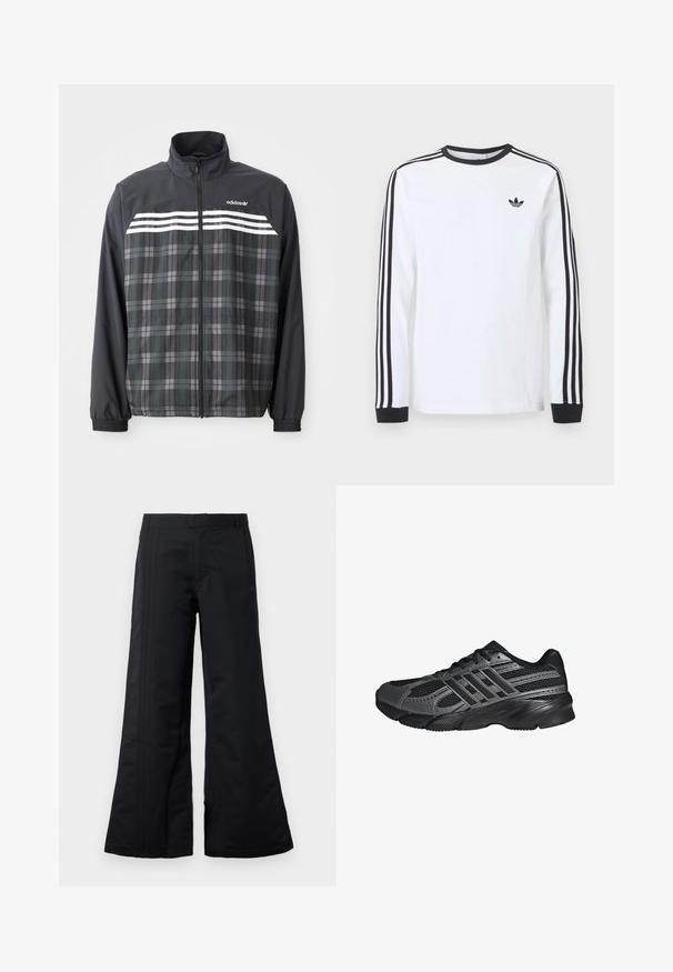 Schwarze und graue kariert Reißverschlussjacke mit weißen Adidas-Streifen und Logo auf der Brust, elastischen Bündchen und Stehkragen.; Weißes Adidas-Langarmshirt mit schwarzem Rundhalsausschnitt, schwarzen Bündchen, drei schwarzen Streifen an den Ärmeln und schwarzem Trefoil-Logo auf der Brust.; Schwarze weite Hosen aus glattem Stoff, mit vorderen Falten und einem Bund. Sauberes Design ohne sichtbare Muster oder Akzente.; Schwarze Sportschuhe aus Netz- und synthetischem Material, mit einer strukturierten Oberfläche, mehreren grauen Streifen und einem gepolsterten Schaft.