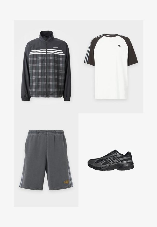 Zwart-grijs geruite jas met rits, witte Adidas-strepen en logo op de borst, elastische manchetten en een opstaande kraag.; Wit T-shirt met zwarte raglanmouwen, voorzien van blauw gestreepte accenten op de schouders en een klein zwart logo op de borst.; Grijze sweatshorts met een elastische tailleband, zijstrepen en gouden letters "Original" rechtsonder. Zachte stoftextuur.; Zwarte sportschoenen gemaakt van mesh en synthetische materialen, met een getextureerd oppervlak, meerdere grijze strepen en een gevoerde kraag.