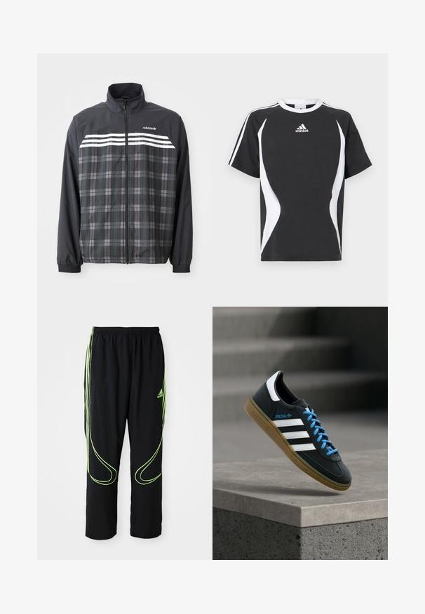 Sort og grå ternet jakke med lynlås, med hvide Adidas-striber og logo på brystet, elastiske manchetter og en opretstående krave.; Sort kortærmet T-shirt med hvide designdetaljer og Adidas-logo på brystet. Lavet af blødt bomuldsstof med rund hals.; Sorte Adidas sportbukser med neongrønne buede linjer og tre striber på siderne, elastisk livrem og Adidas-logo på forsiden af låret.; Sort Adidas sneaker med hvide striber, blå snørebånd og gummisål, der svæver over gråt betontrin i blødt lys.