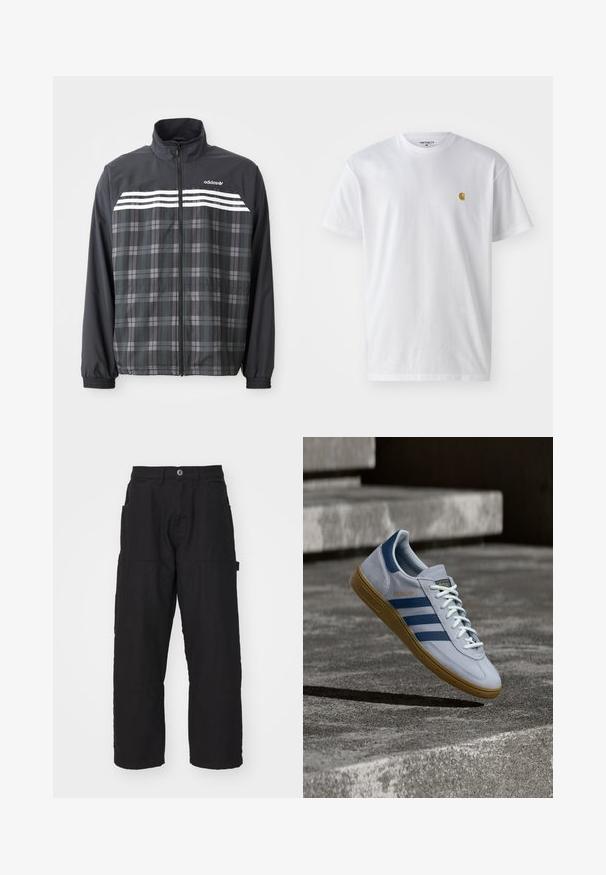 Sort og grå ternet jakke med lynlås, med hvide Adidas-striber og logo på brystet, elastiske manchetter og en opretstående krave.; Hvid bomulds t-shirt med korte ærmer, rund hals og et lille guld logo på venstre brystområde. Blød tekstur og almindelig pasform.; Sorte cargo bukser med lige skæring, der har flere lommer og knaplukning. Fremstillet af slidstærk bomuldsstof med synlige sømme.; Lyseblå Adidas Spezial sneakers med marineblå striber og gummisål, vist i luften over betontrapper i et neutralt udendørsmiljø.