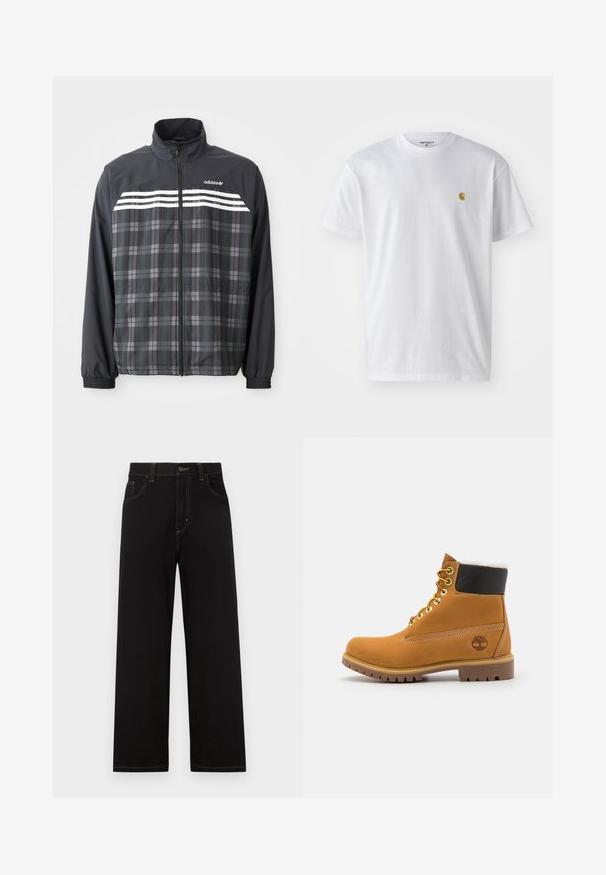 Čierno-sivá károvaná bunda na zips s bielymi pruhmi Adidas a logom na hrudi, elastickými manžetami a stojacím golierom.; Biele bavlnené tričko s krátkymi rukávmi, okrúhlym výstrihom, s malým zlatým logom na ľavej strane hrude. Mäkká textúra a normálny strih.; Čierne rifľové nohavice s rovný strihom, so prednými vreckami, kontrastným žltým prešívaním a gombíkovým zapínaním v páse.; Hnedé kožené ankle boot s kovovými očkami, bielym kožúškom vo vnútri, čiernym vypolstrovaným golierom, robustnou podrážkou a vyrazeným logom na boku.