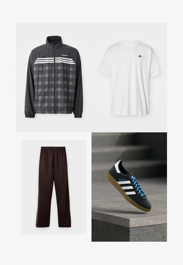 Schwarze und graue kariert Reißverschlussjacke mit weißen Adidas-Streifen und Logo auf der Brust, elastischen Bündchen und Stehkragen.; Weißes Baumwoll-T-Shirt mit kurzen Ärmeln, Rundhalsausschnitt und kleinem schwarzem Adidas-Logo auf der linken Brust. Weicher Stoff, lässige Passform.; Dunkelbraune, weit geschnittene Hose mit elastischem Bund und dezenten hellbraunen Seitenstreifen, vor einem schlichten weißen Hintergrund präsentiert.; Schwarzer Adidas-Sneaker mit weißen Streifen, blauen Schnürsenkeln und Gummisohle, der über einer grauen Betontreppe im weichen Licht schwebt.