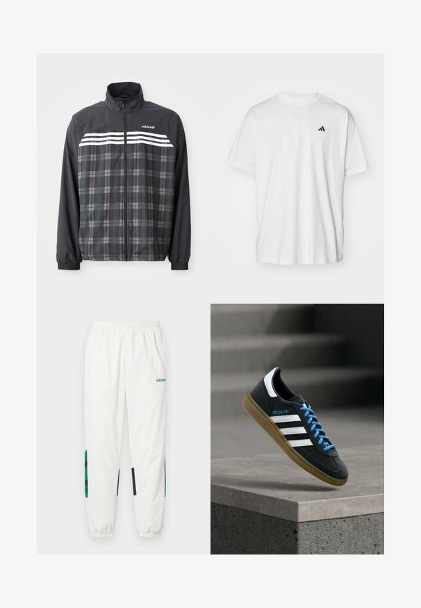 Sort og grå ternet jakke med lynlås, med hvide Adidas-striber og logo på brystet, elastiske manchetter og en opretstående krave.; Hvid bomulds t-shirt med korte ærmer, rund hals og et lille sort Adidas-logo på venstre bryst. Blød tekstur, afslappet pasform.; Hvide atletikbukser lavet af let materiale med grønne og sorte accenter på siderne, med elastisk taljebånd og buksekant.; Sort Adidas sneaker med hvide striber, blå snørebånd og gummisål, der svæver over gråt betontrin i blødt lys.