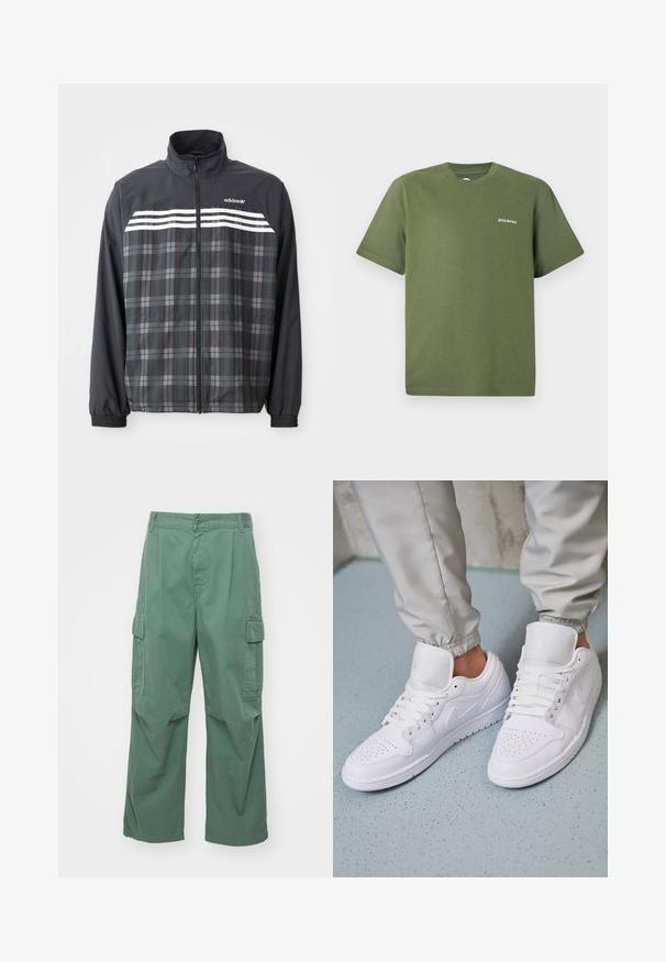 Schwarze und graue kariert Reißverschlussjacke mit weißen Adidas-Streifen und Logo auf der Brust, elastischen Bündchen und Stehkragen.; Olivegrünes Baumwoll-T-Shirt mit kurzen Ärmeln, Rundhalsausschnitt und weißem "Dickies"-Logo auf der Brust. Glatte Textur und lässiges Design.; Grüne Cargo-Hosen aus Baumwolle, mit lockerer Passform, weitem Bein und seitlichen Taschen. Der Stoff hat eine glatte Textur ohne Muster.; Weiße Ledersneaker mit perforierter Zehenbox, flachen Schnürsenkeln, gepolstertem Kragen und dem Jordan-Logo auf der Zunge. Getragen mit grauen Jogginghosen.