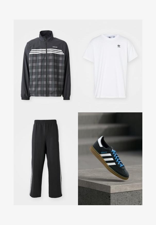 Chaqueta con cremallera de cuadros negros y grises con rayas blancas de Adidas y logo en el pecho, puños elásticos y cuello alto.; Camiseta blanca de algodón con mangas cortas, escote redondo y un logo negro de Adidas con tres franjas en la zona del lado izquierdo del pecho.; Pantalones de chándal negros con cintura elástica, con franjas laterales blancas y un corte relajado. Hechos de una tela suave y elástica.; Zapatilla negra Adidas con franjas blancas, cordones azules y suela de goma flotando sobre un escalón de hormigón gris con luz suave.