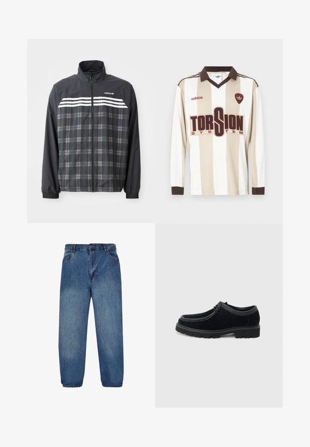 Schwarze und graue kariert Reißverschlussjacke mit weißen Adidas-Streifen und Logo auf der Brust, elastischen Bündchen und Stehkragen.; Langärmliges Fußballtrikot in Beige mit weißen Streifen; verfügt über einen braunen Kragen und Bündchen, ein großes rotes "TORSION SYSTEM"-Logo und adidas-Branding.; Hellblaues Denim-Jeans mit lockerer Passform, ausgestattet mit einem Knopfverschluss, Fünf-Taschen-Design und leicht ausgewaschenem Stoff.; Schwarzer Schnürschuh aus Wildleder mit dicker Gummisohle und abgerundeter Spitze, seitlich auf hellem grauem Hintergrund gezeigt.