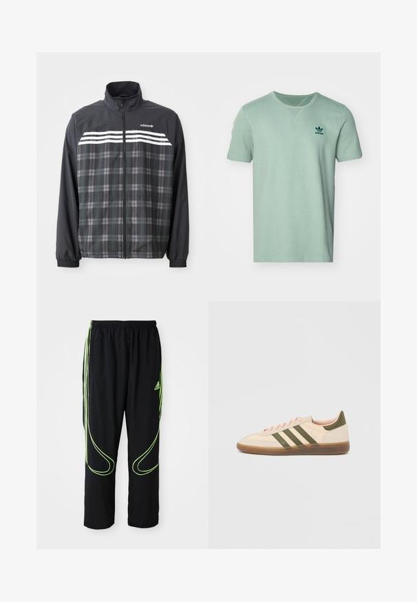Schwarze und graue kariert Reißverschlussjacke mit weißen Adidas-Streifen und Logo auf der Brust, elastischen Bündchen und Stehkragen.; Kurzarm-Mintgrünes T-Shirt mit strukturiertem Muster, Rundhalsausschnitt und dunkelgrünem adidas-Logo auf der linken Brust.; Schwarze Adidas Sportpants mit neongrünen, gebogenen Linien und drei Streifen an den Seiten, elastischem Bund und Adidas-Logo am Vorderoberschenkel.; Flacher, beigefarbener Adidas Spezial Sneaker mit grünen Streifen, Gummisohle und "SPEZIAL" Schriftzug an der Seite, von der Außenseite gezeigt.