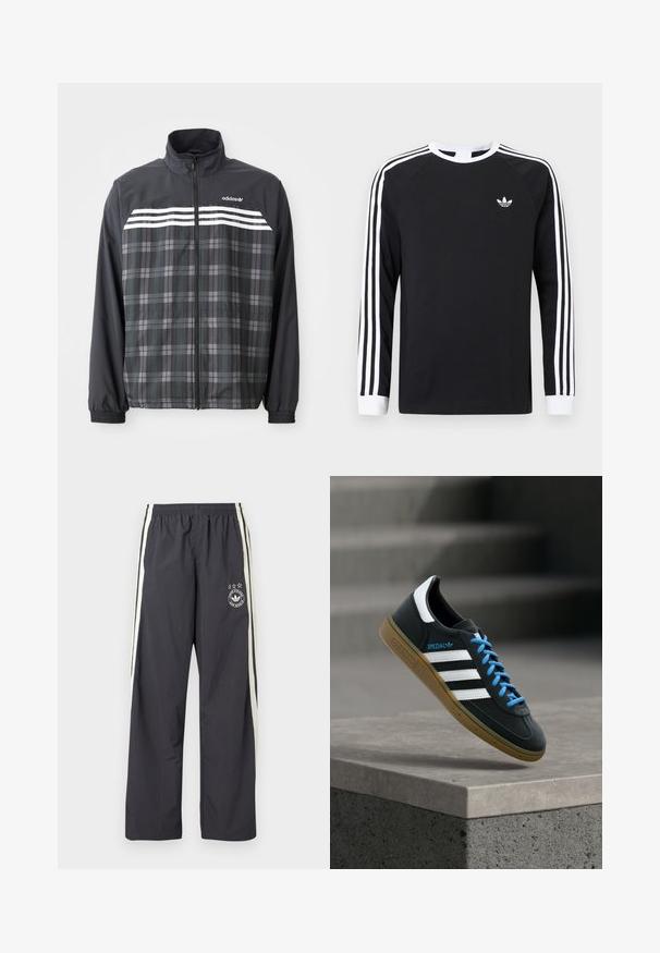 Schwarze und graue kariert Reißverschlussjacke mit weißen Adidas-Streifen und Logo auf der Brust, elastischen Bündchen und Stehkragen.; Schwarzes langärmeliges T-Shirt mit weißem Drei-Streifen-Design an den Ärmeln. Mit rundem Ausschnitt und kleinem weißem Logo auf der Brust.; Dunkelgraue Trainingshose mit weißen Seitenstreifen, elastischem Bund und einem runden Logo mit drei Sternen am linken Oberschenkel. Leichter Stoff.; Schwarzer Adidas-Sneaker mit weißen Streifen, blauen Schnürsenkeln und Gummisohle, der über einer grauen Betontreppe im weichen Licht schwebt.