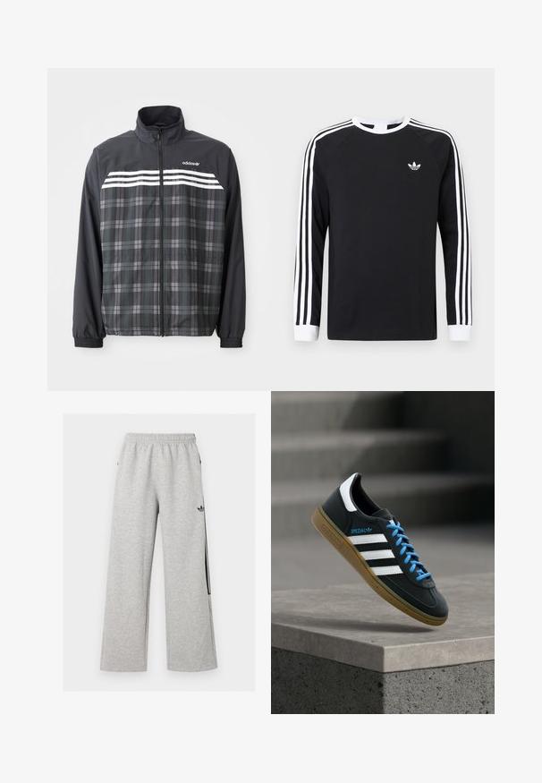 Schwarze und graue kariert Reißverschlussjacke mit weißen Adidas-Streifen und Logo auf der Brust, elastischen Bündchen und Stehkragen.; Schwarzes langärmeliges T-Shirt mit weißem Drei-Streifen-Design an den Ärmeln. Mit rundem Ausschnitt und kleinem weißem Logo auf der Brust.; Hellgraue weite Sweatpants mit elastischem Bund und schwarzem Adidas Trefoil-Logo am rechten Oberschenkel.; Schwarzer Adidas-Sneaker mit weißen Streifen, blauen Schnürsenkeln und Gummisohle, der über einer grauen Betontreppe im weichen Licht schwebt.